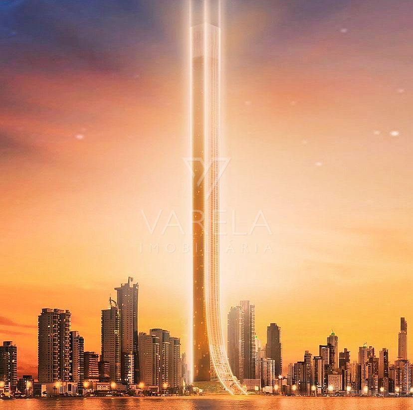 Senna Tower altura em render de divulgação: a torre saindo da skyline de Balneário Camboriú ao pôr do sol