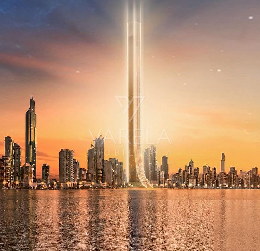 Quando o Senna Tower fica pronto: render de divulgação da torre vista do mar ao pôr do sol em Balneário Camboriú