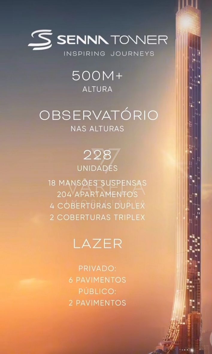 Unidades do Senna Tower na ficha técnica oficial: 228 unidades, 18 mansões suspensas, 204 apartamentos, 4 coberturas duplex e 2 triplex