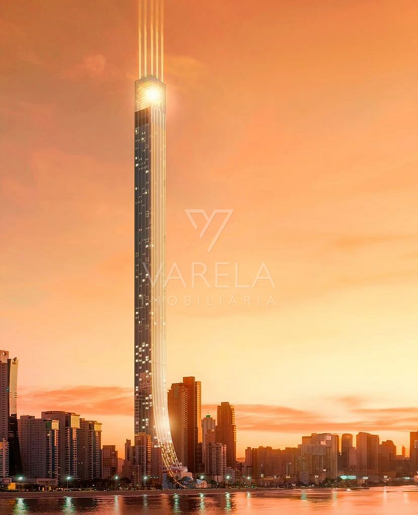 Render de divulgação do Senna Tower em vista vertical, com Balneário Camboriú na base da torre